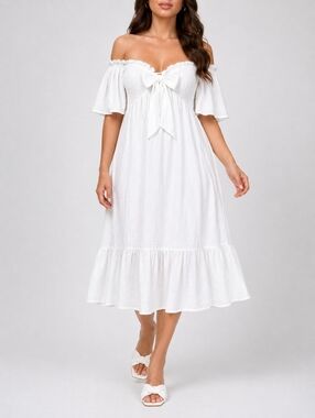 dRa Benny Ivory Smocked Off Shoulder Midi Ruffle Summer L